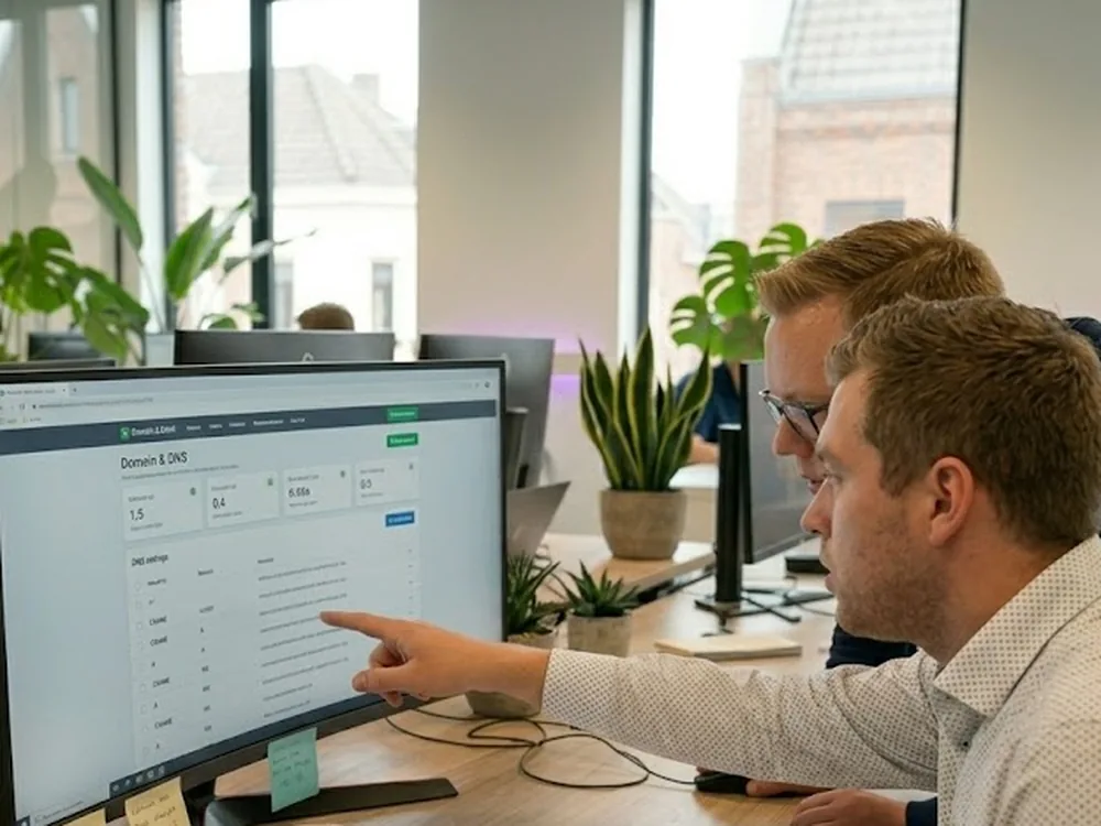 Twee Hostingway-engineers bekijken samen de Domein- en DNS-instellingen op een dashboard