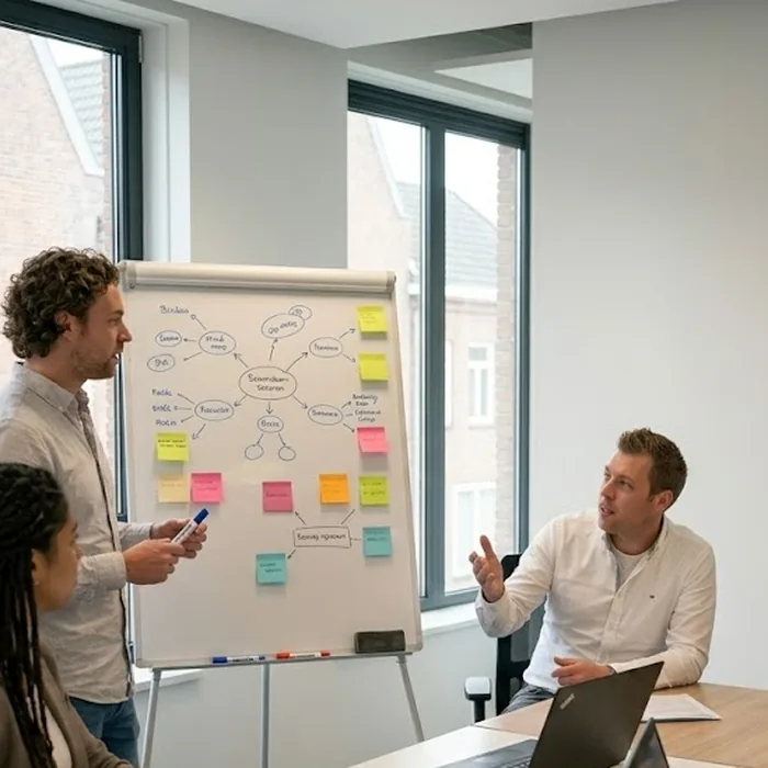 Hostingway-team overlegt bij een flipchart over de opzet van een omgeving