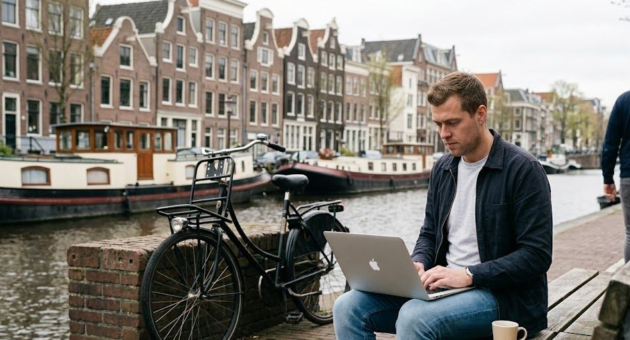 Man werkt op een MacBook aan de Amsterdamse grachten bij de karakteristieke grachtenpanden