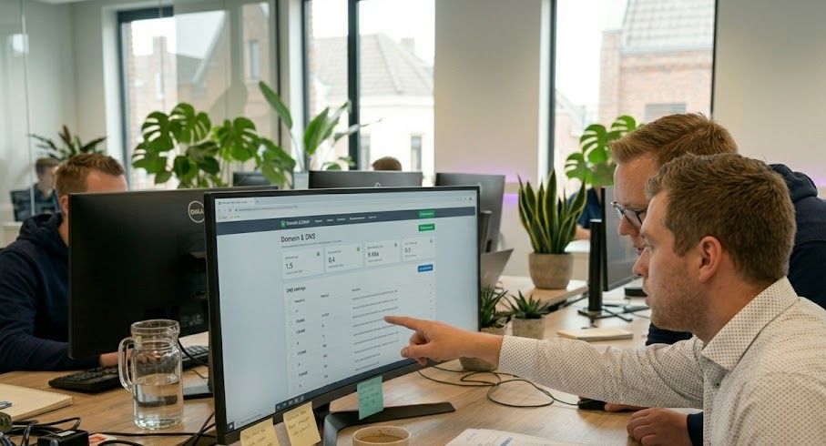 Hostingway-medewerker toont de Domein en DNS-instellingen op een beeldscherm