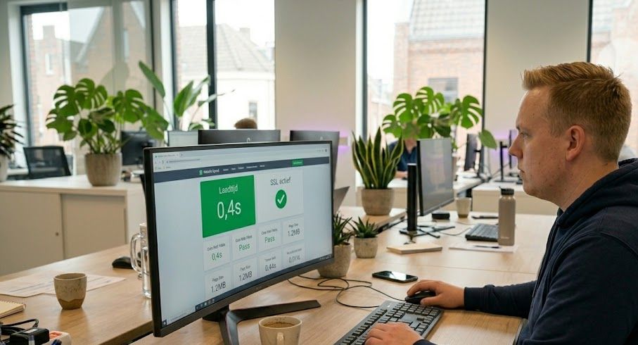 Engineer van Hostingway aan het werk achter een monitor met een NVMe-hostingdashboard