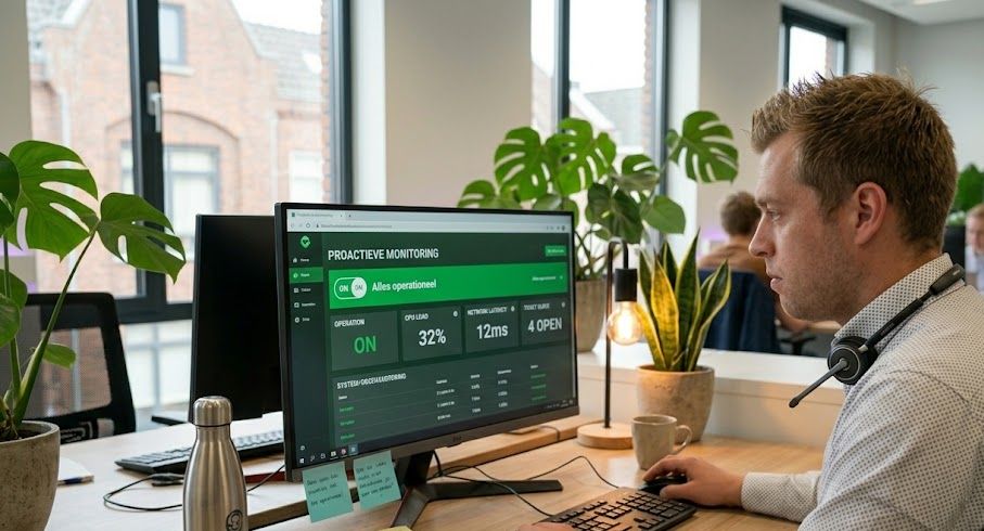 Supportmedewerker van Hostingway volgt het proactieve-monitoringdashboard met alles operationeel