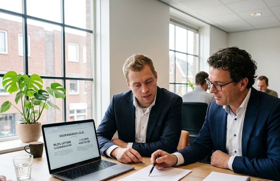 Twee Hostingway-specialisten bespreken de SLA met 99,9% uptime-garantie op een laptop