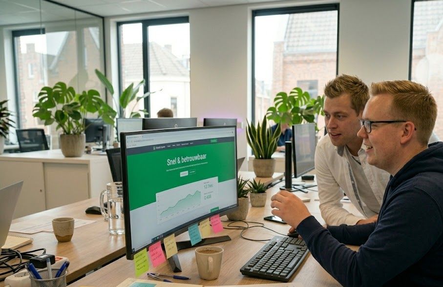 Twee Hostingway-engineers bekijken een snel en betrouwbaar performance-overzicht op het scherm