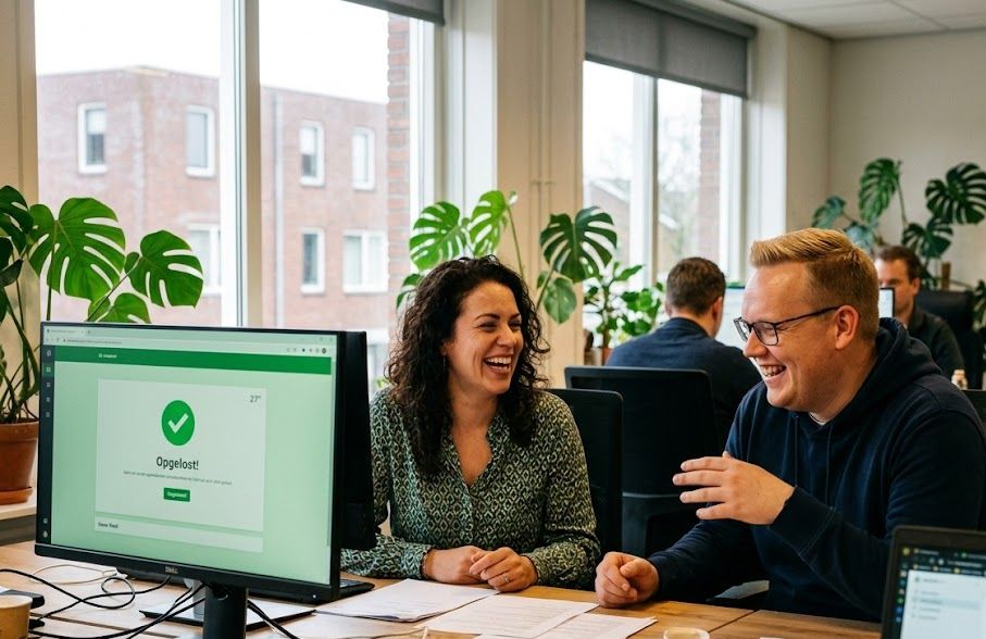 Twee Hostingway-collega-s lachen bij een opgelost supportticket op het scherm