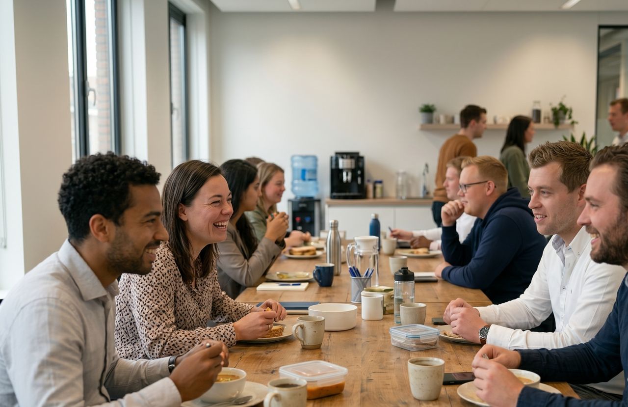 Collega-s van Hostingway lunchen samen en lachen in de kantine