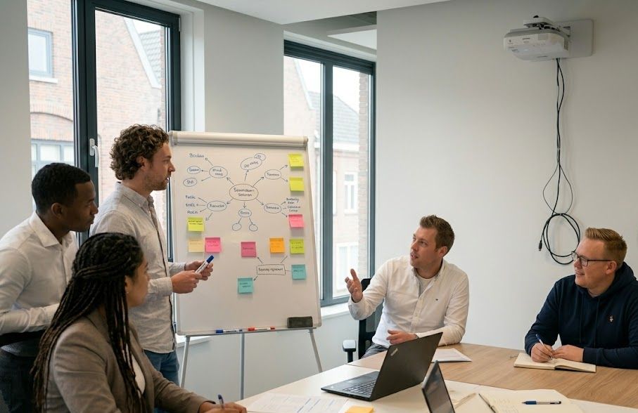 Hostingway-team brainstormt samen bij een whiteboard in de vergaderruimte