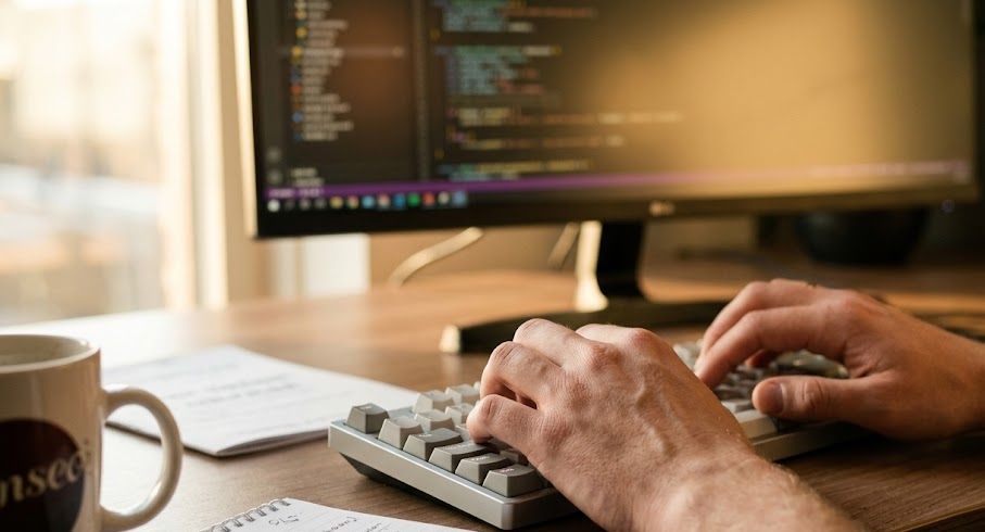 Handen op een mechanisch toetsenbord met code op het scherm in het Hostingway-kantoor