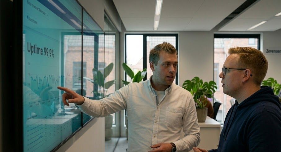Hostingway-engineer wijst op een dashboard met 99,9% uptime in het kantoor in Zevenaar