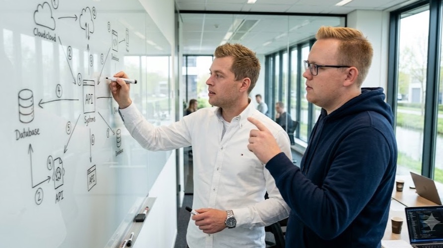 Sjoerd en Robert schetsen de hostingarchitectuur op een whiteboard