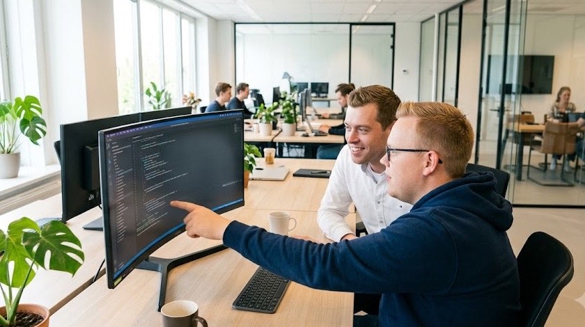 Sjoerd en Robert van Hostingway overleggen samen achter een scherm met code