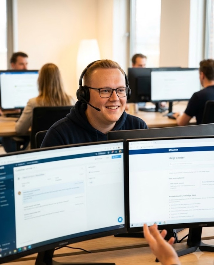 Lachende supportmedewerker van Hostingway met headset achter twee schermen