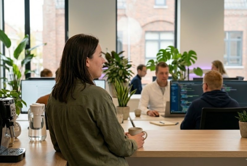 Collega van Hostingway met koffie kijkt uit over het kantoor