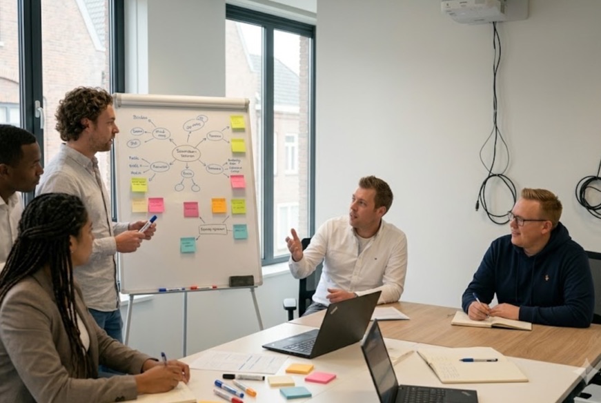 Aan het werk bij het whiteboard tijdens een werksessie
